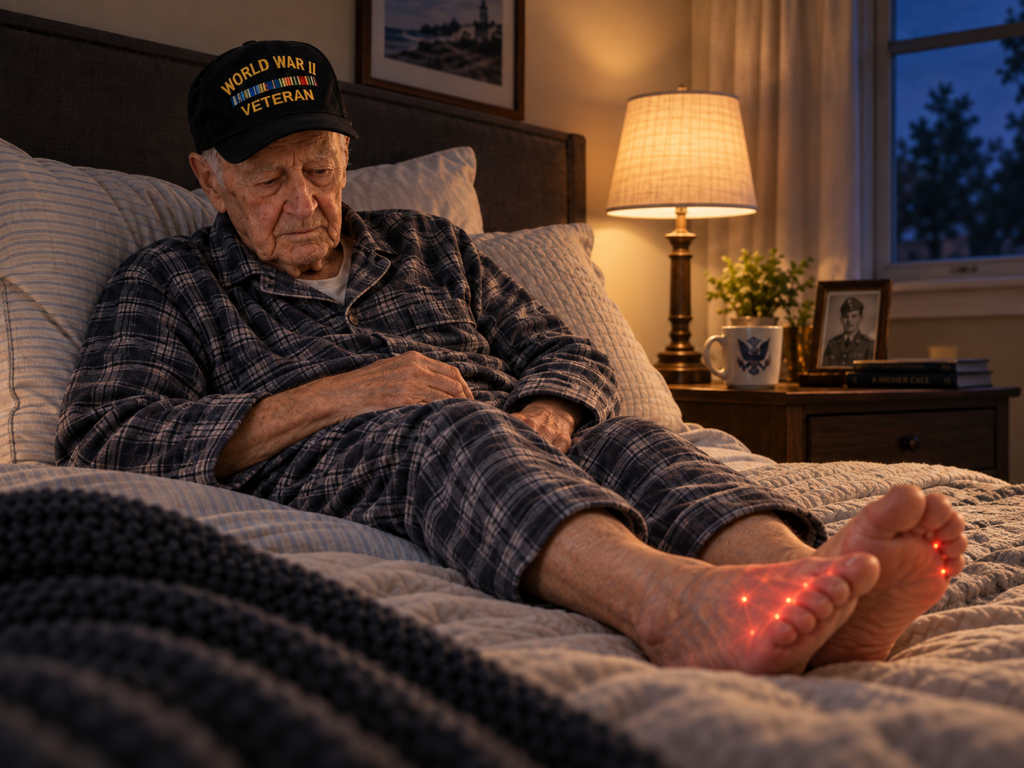 Senior man sitting on bed holding feet